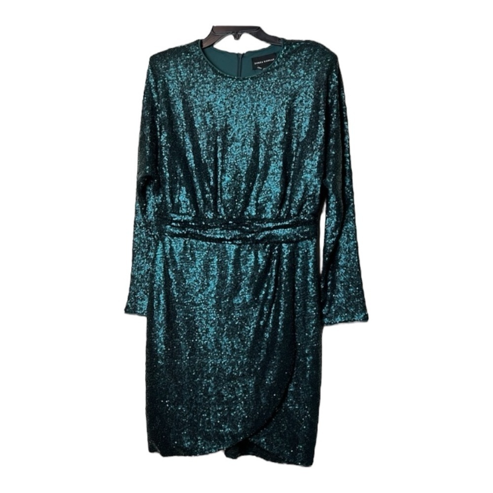 Donna Morgan Sequin Mini Dress Long Dolman Sleeves in Green Size 16 - Picture 4 of 9